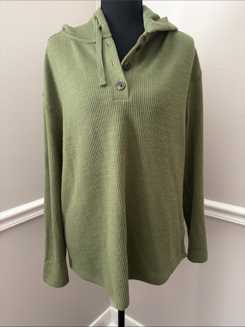 Olive Green Hooded Henley Pullover